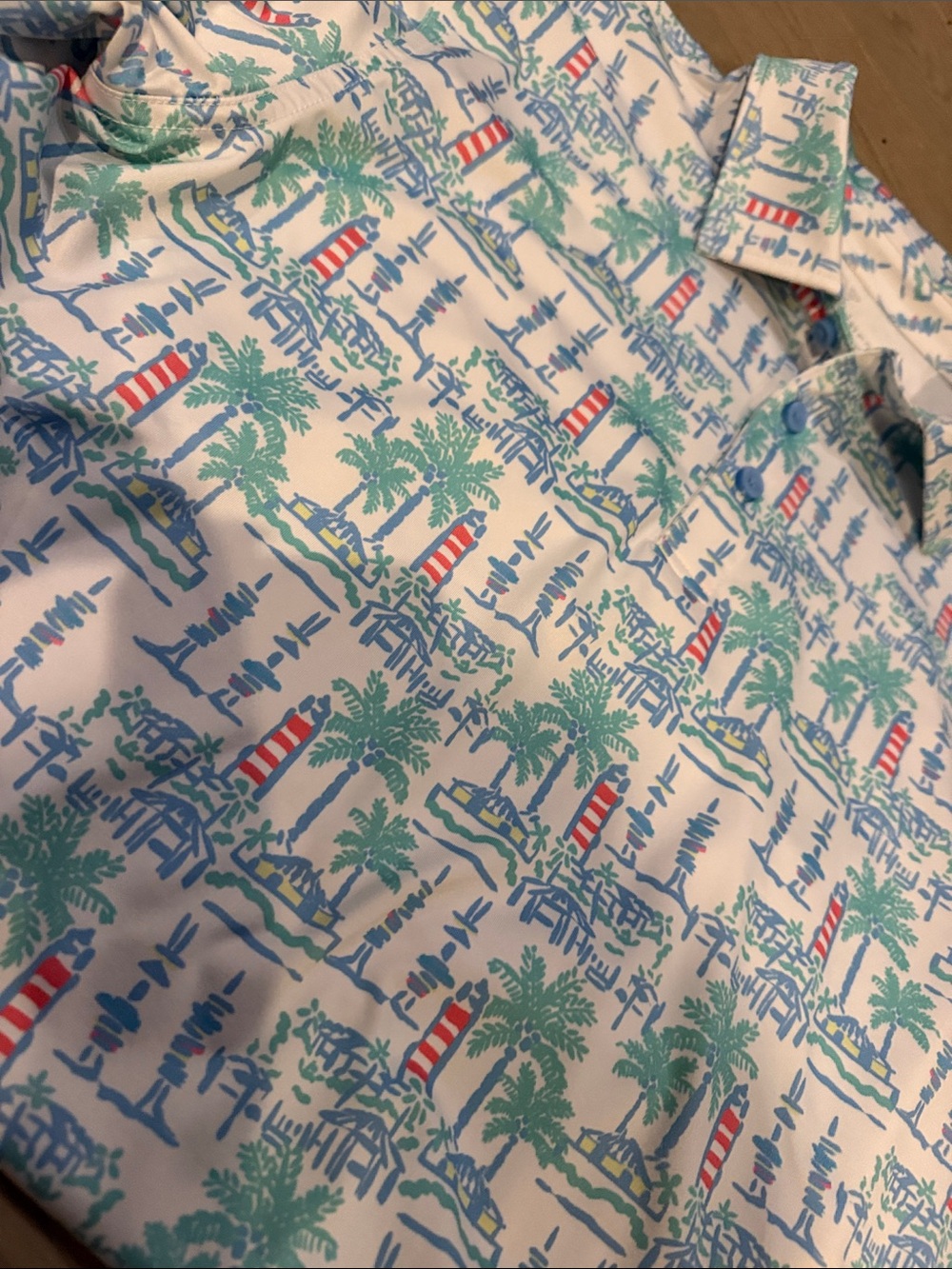 Vineyard Vines Men's Performance Polo - Palm Print Polo Shirt - White/Blue/Green